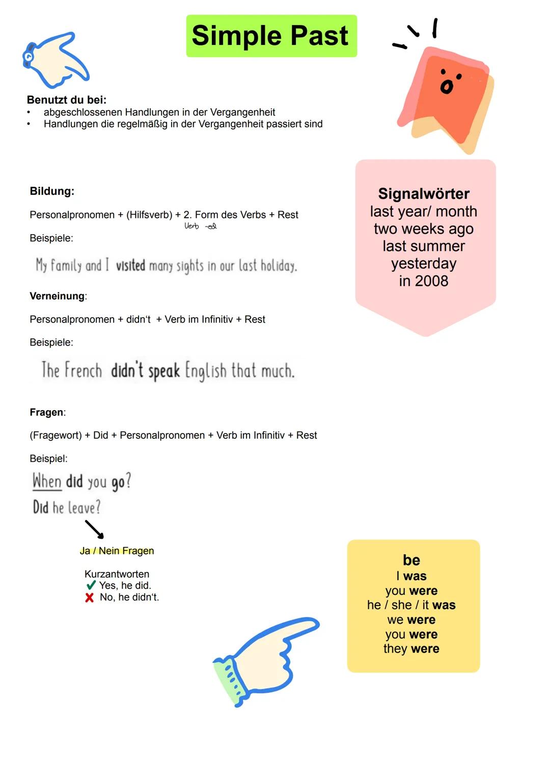 Simple present
Benutzt du bei:
einzelne, wiederholte und regelmäßige Handlungen
Bildung:
Personalpronomen + (Hilfsverb) + Verb mit s (he she