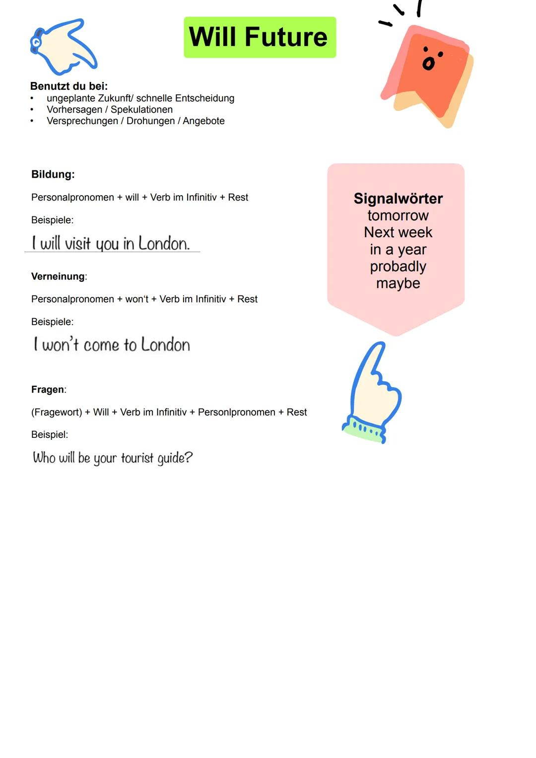 Simple present
Benutzt du bei:
einzelne, wiederholte und regelmäßige Handlungen
Bildung:
Personalpronomen + (Hilfsverb) + Verb mit s (he she