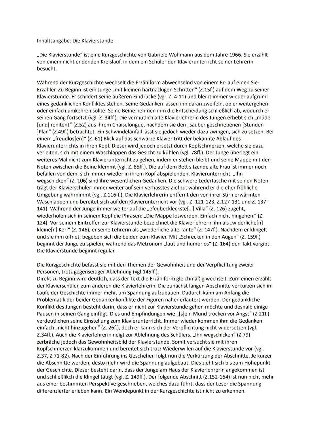 Inhaltsangabe: Die Klavierstunde
,,Die Klavierstunde" ist eine Kurzgeschichte von Gabriele Wohmann aus dem Jahre 1966. Sie erzählt
von einem