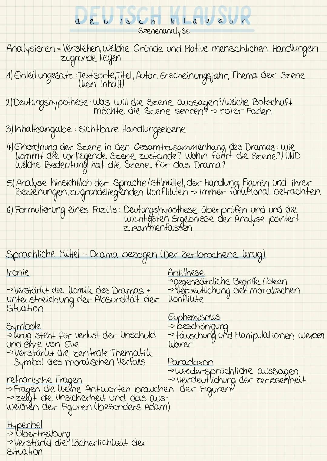 DEUTSCH KLAUSUR
Szenenanalyse
Analysieren - Verstehen, welche Gründe und Motive menschlichen Handlungen.
zugrunde liegen
1) Einleitungssatz
