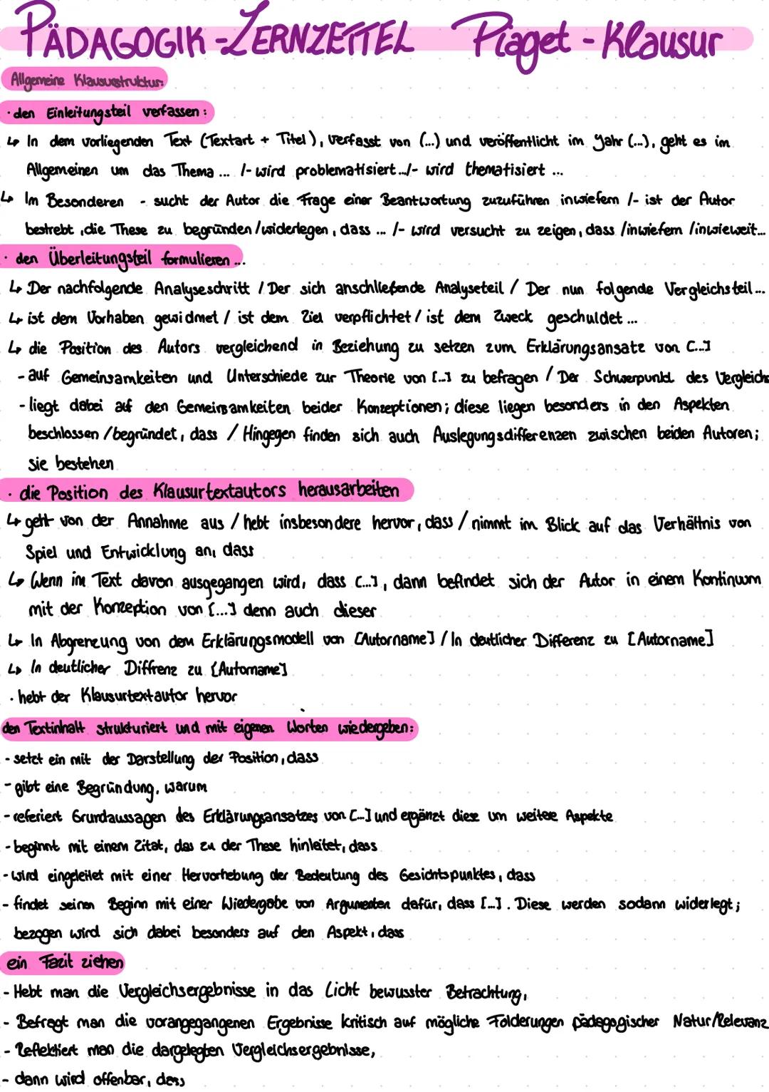 # PÄDAGOGIK-ZERNZETTEL Piaget-Klausur
Allgemeine Klausuestructur
- den Einleitungsteil verfassen:
L↳ In dem vorliegenden Text (Textart +