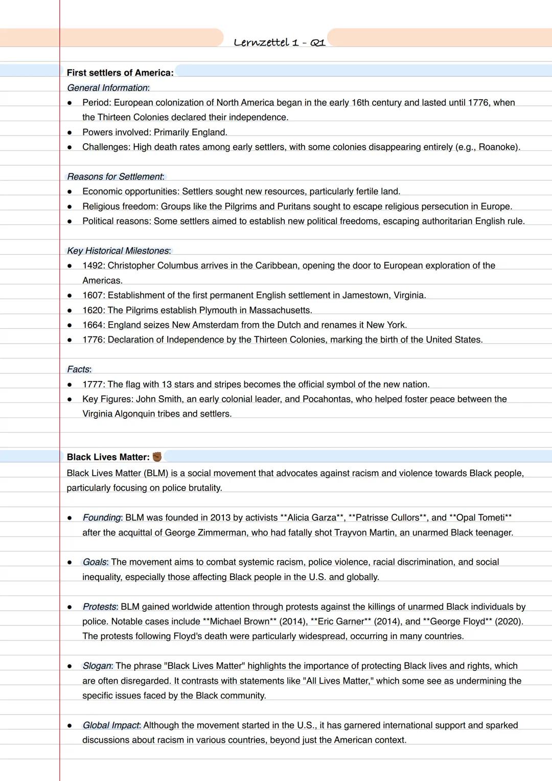 Lernzettel 1 - Q1
First settlers of America:
General Information:
- Period: European colonization of North America began in the early 16th