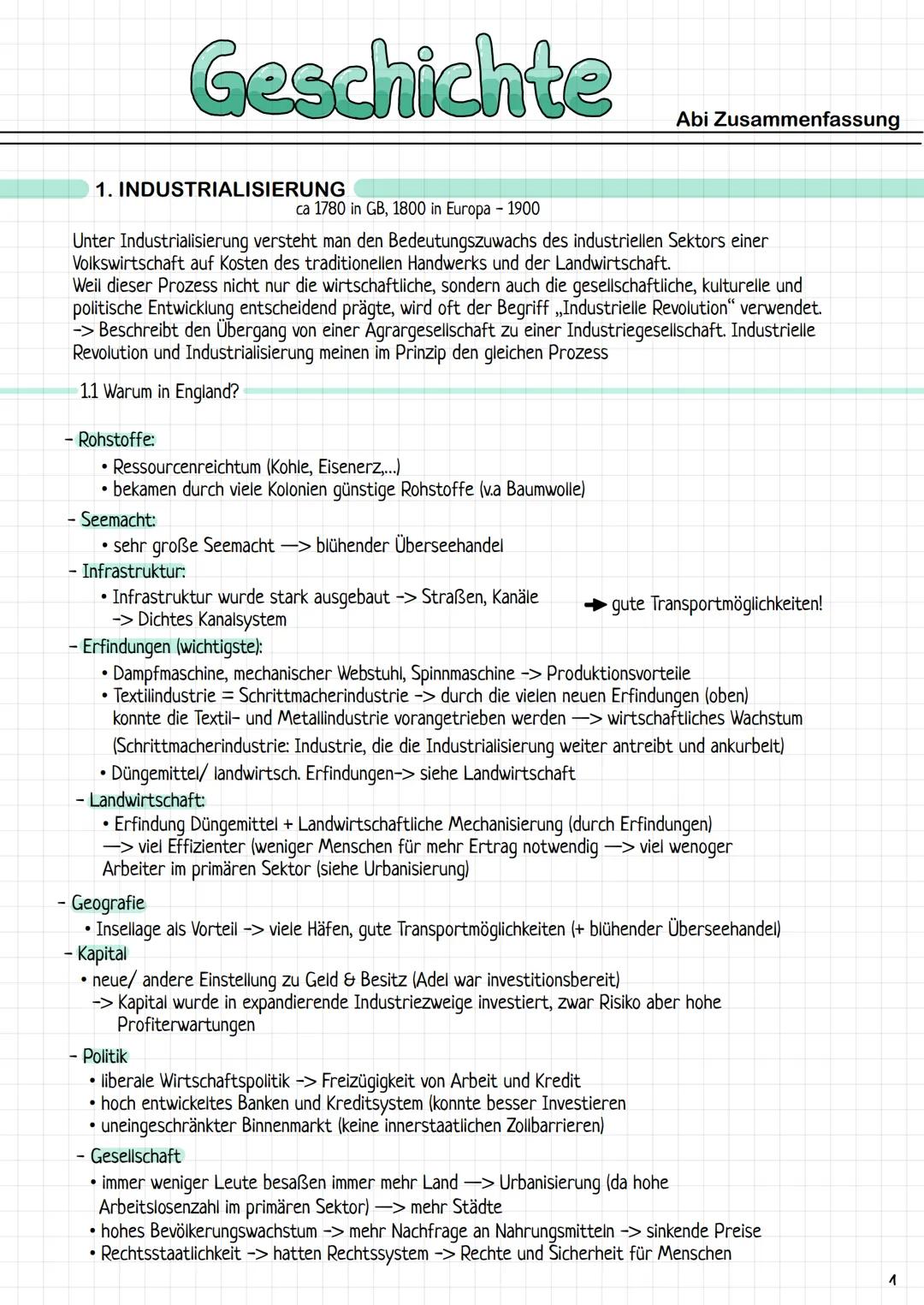 # Geschichte
Abi Zusammenfassung
1. INDUSTRIALISIERUNG
ca 1780 in GB, 1800 in Europa - 1900
Unter Industrialisierung versteht man den Be
