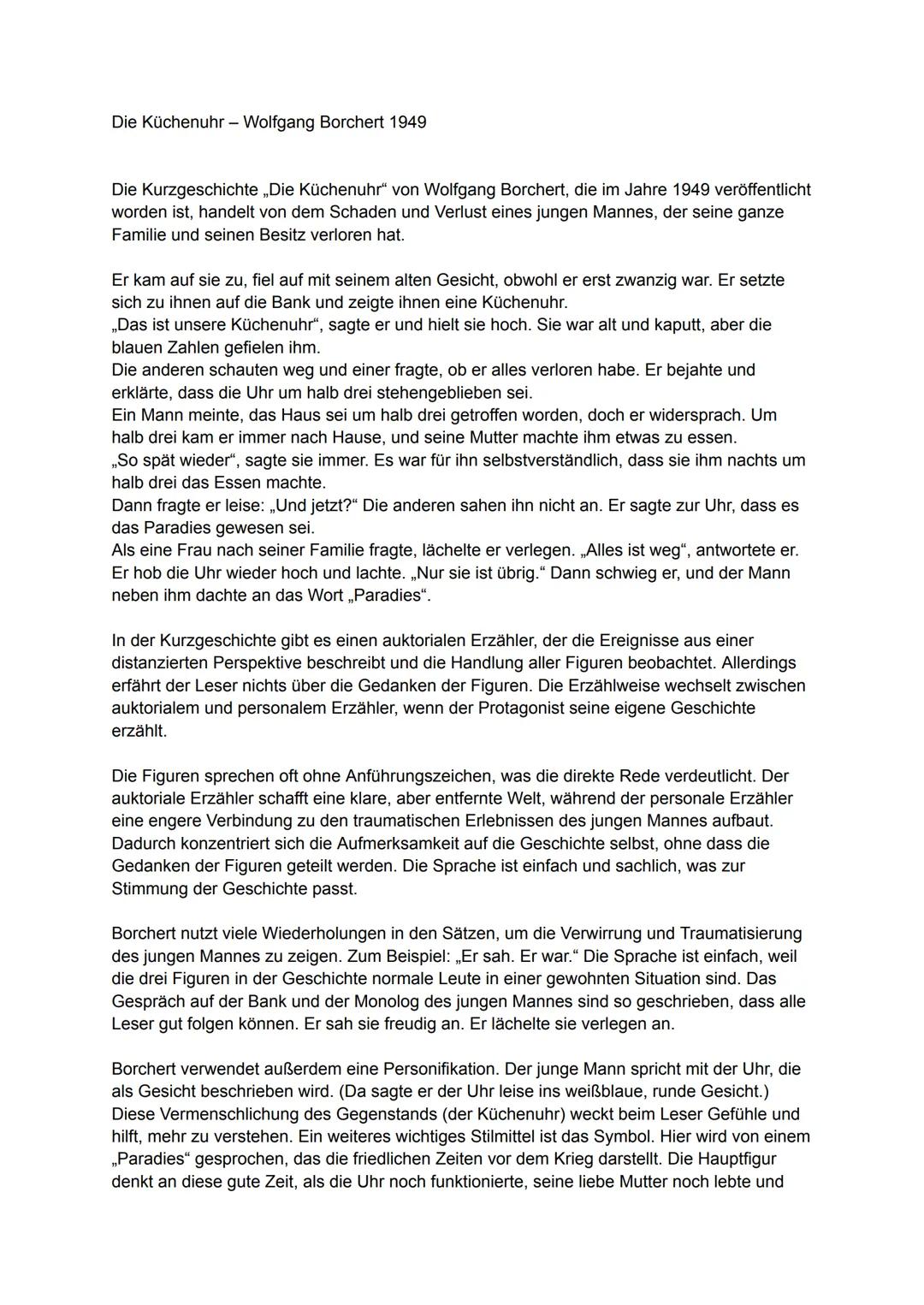 Die Küchenuhr - Wolfgang Borchert 1949
Die Kurzgeschichte „Die Küchenuhr“ von Wolfgang Borchert, die im Jahre 1949 veröffentlicht
worden ist