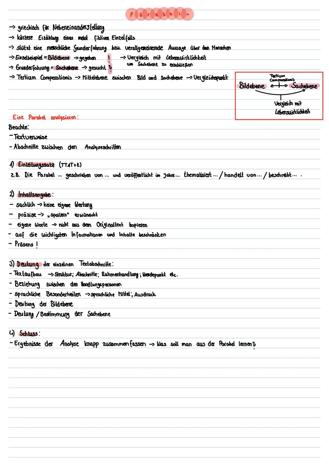 → griechisch für Nebeneinanderstellung
Parabeln
→ kürzere Erzählung eines meist fiktiven Einzelfalls
-> stützt eine menschliche Grunderfahru