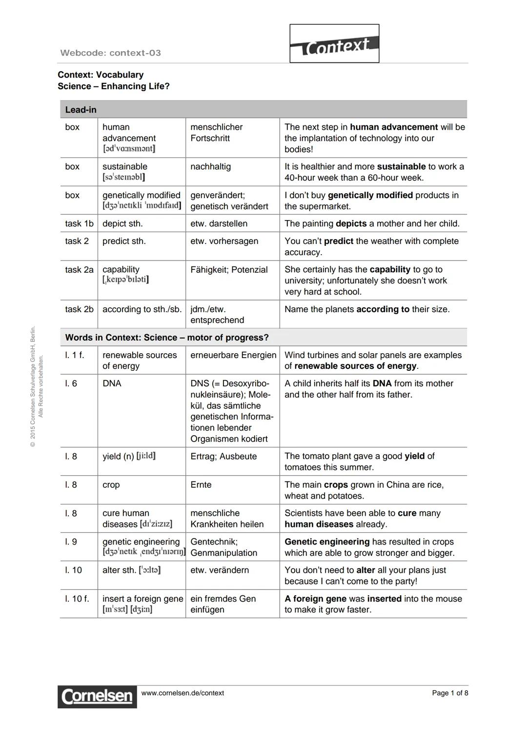 ©2015 Comelsen Schulverlage GmbH, Berlin.
Alle Rechte vorbehalten.
Webcode: context-03
Context: Vocabulary
Science - Enhancing Life?
Cont