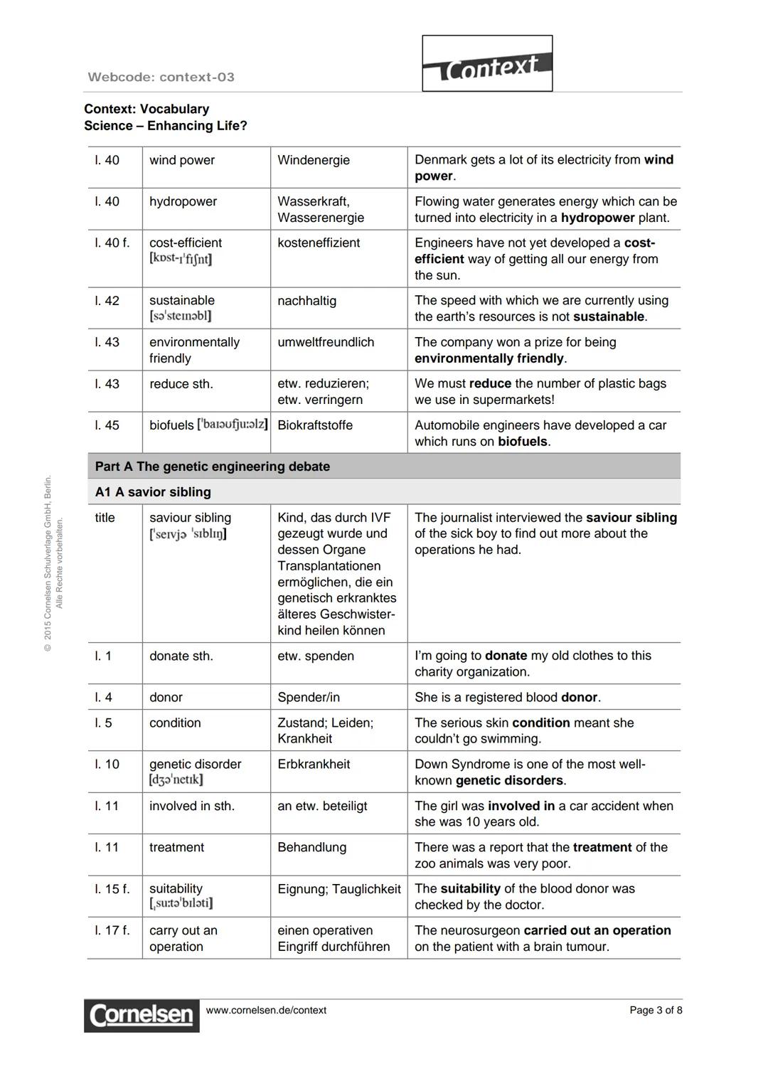 ©2015 Comelsen Schulverlage GmbH, Berlin.
Alle Rechte vorbehalten.
Webcode: context-03
Context: Vocabulary
Science - Enhancing Life?
Cont