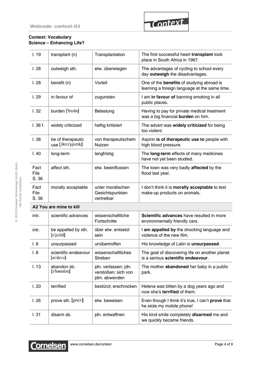©2015 Comelsen Schulverlage GmbH, Berlin.
Alle Rechte vorbehalten.
Webcode: context-03
Context: Vocabulary
Science - Enhancing Life?
Cont