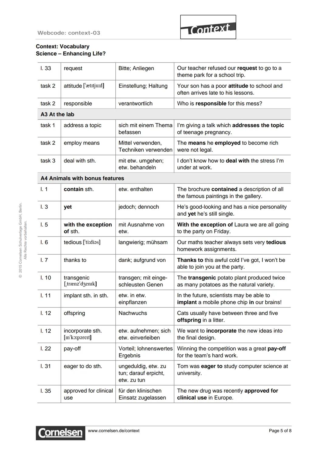 ©2015 Comelsen Schulverlage GmbH, Berlin.
Alle Rechte vorbehalten.
Webcode: context-03
Context: Vocabulary
Science - Enhancing Life?
Cont