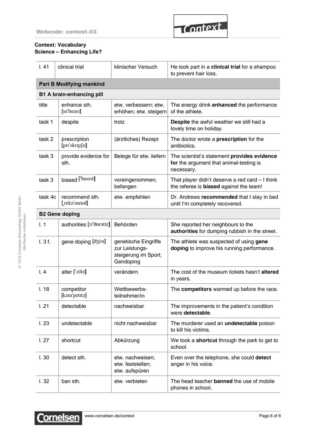 ©2015 Comelsen Schulverlage GmbH, Berlin.
Alle Rechte vorbehalten.
Webcode: context-03
Context: Vocabulary
Science - Enhancing Life?
Cont