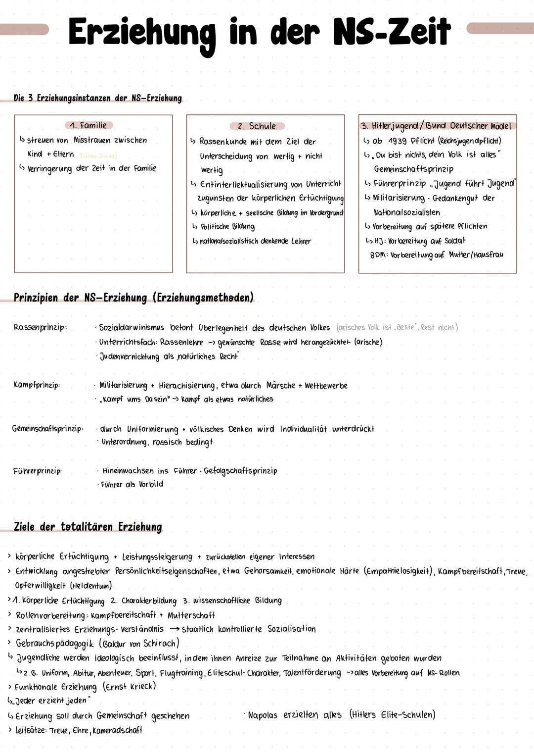 Erziehung in der NS-Zeit
Die 3 Erziehungsinstanzen der NS-Erziehung
1. Familie
↳ streuen von Misstrauen zwischen
↳
Kind + Eltern (json)
Verr