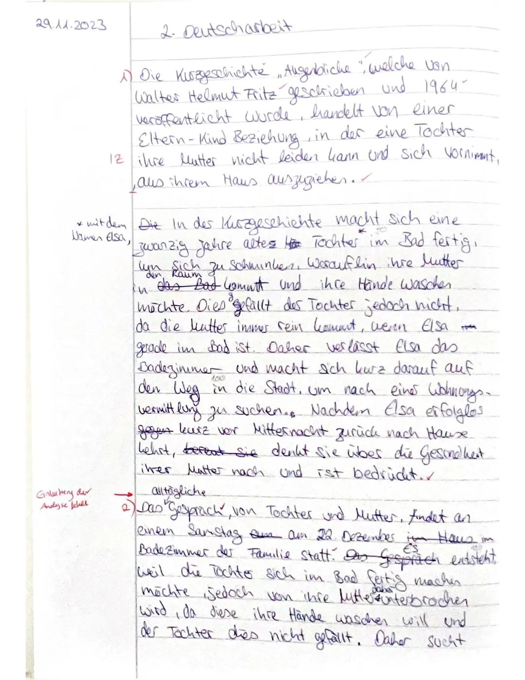 Ec-
2. Klausur
Name:
29.11.2023
Aufgabenstellung:
1. Fassen Sie die Kurzgeschichte „Augenblicke" von Walter Helmut Fritz in eigenen Wor