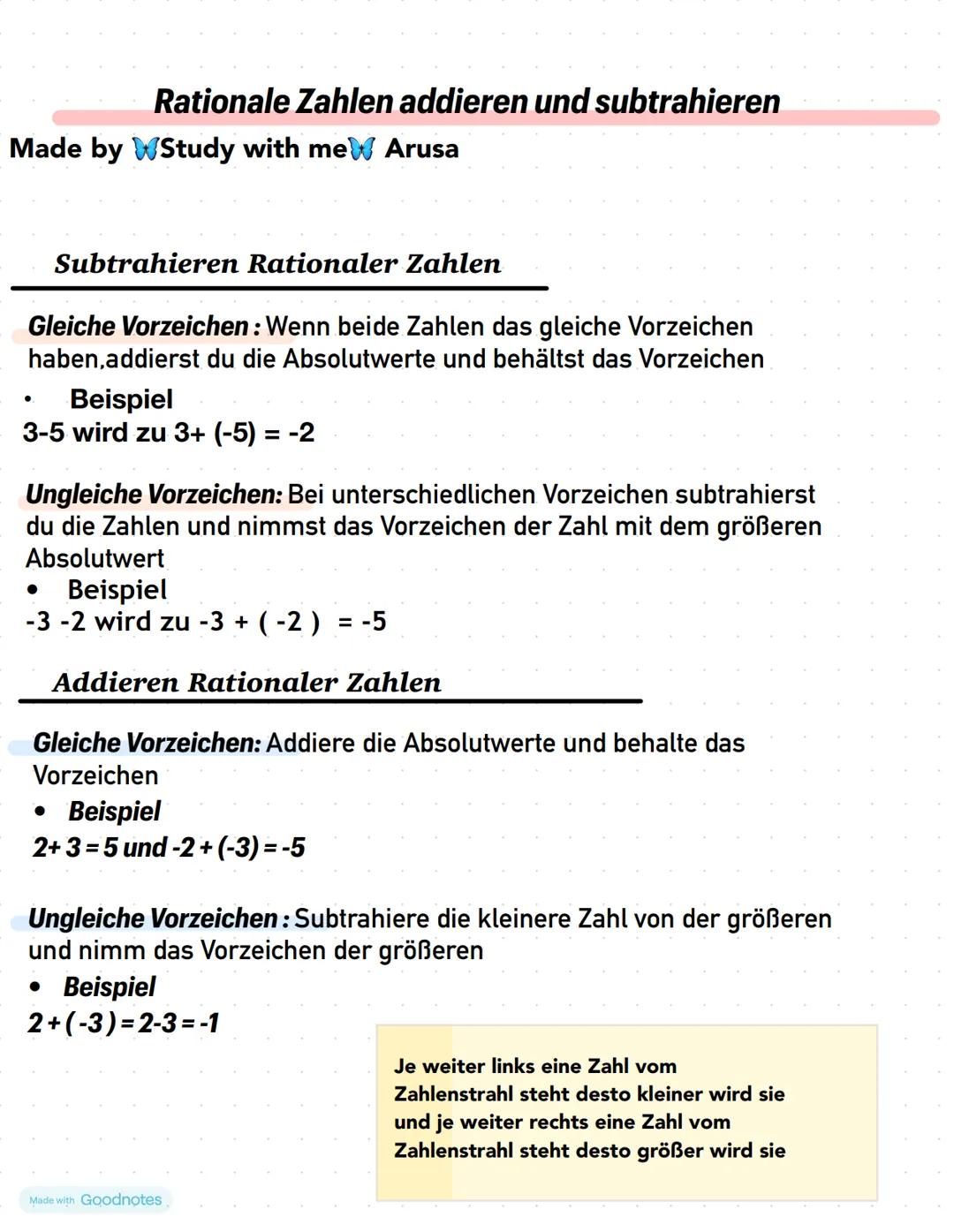 Rationale Zahlen addieren und subtrahieren
Made by Study with me Arusa
Subtrahieren Rationaler Zahlen
Gleiche Vorzeichen: Wenn beide Zahlen
