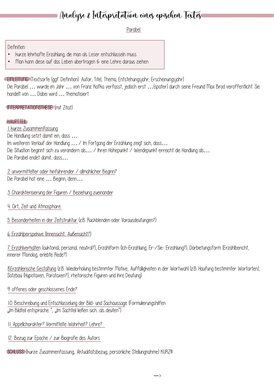 Definition:
•Analyse & Interpretation eines epischen Textes
Parabel
.
kurze lehrhafte Erzählung, die man als Leser entschlüsseln muss
•
Man