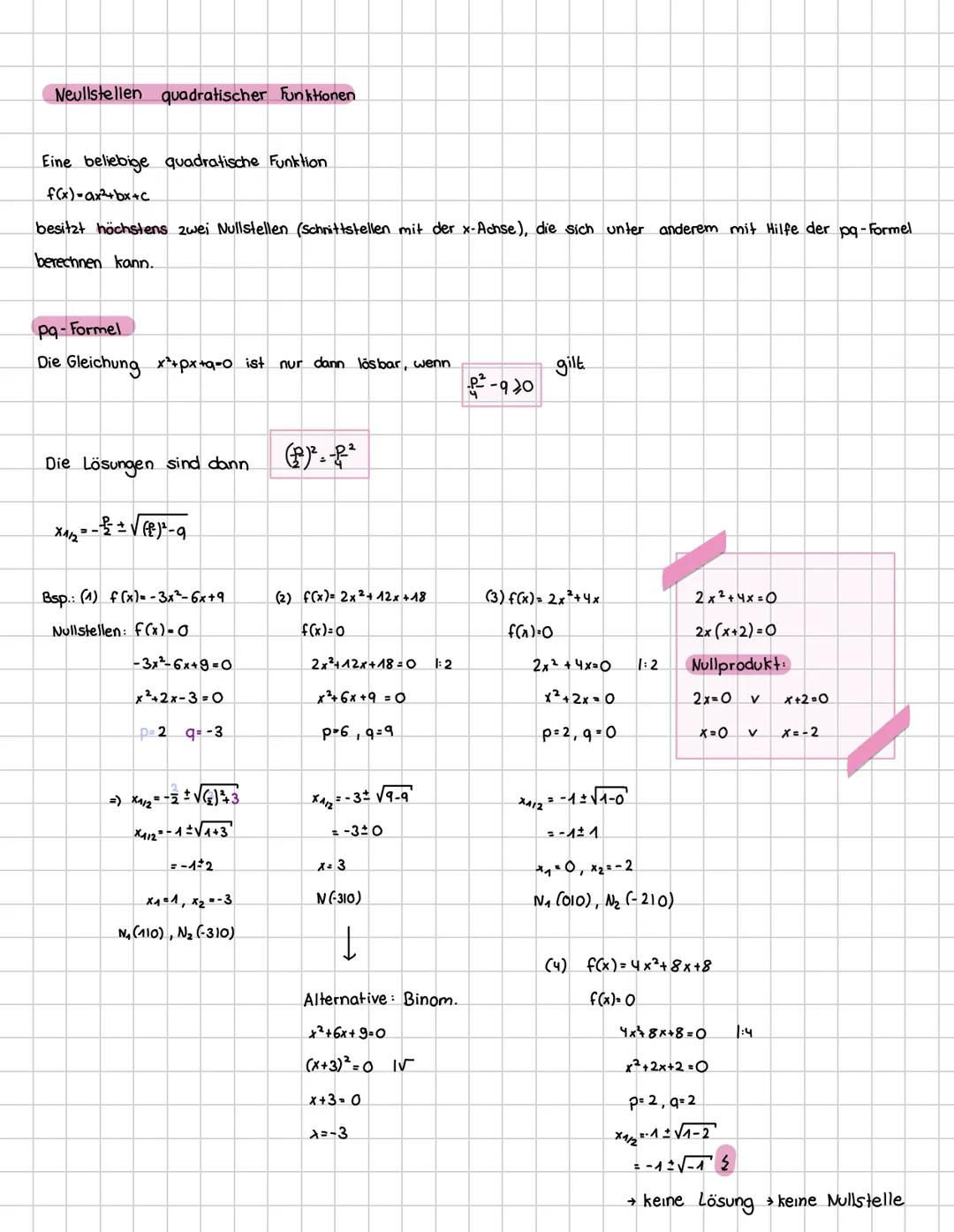 Neullstellen quadratischer Funktionen
Eine beliebige quadratische Funktion
f(x)=ax²+bx+c
besitzt höchstens zwei Nullstellen (Schnittstellen