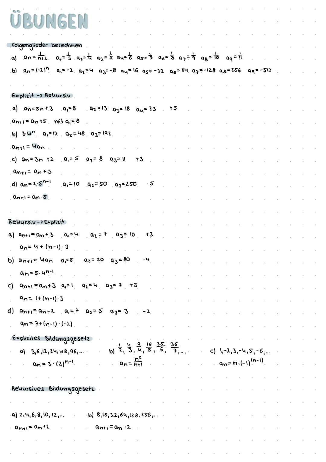 FOLGEN
Rekursive und explizite Darstellung
REKURSIVE DARSTELLUNG
Eine Bildungsvorschrift für eine folge, bei der das (n+1)-te folgenglied au