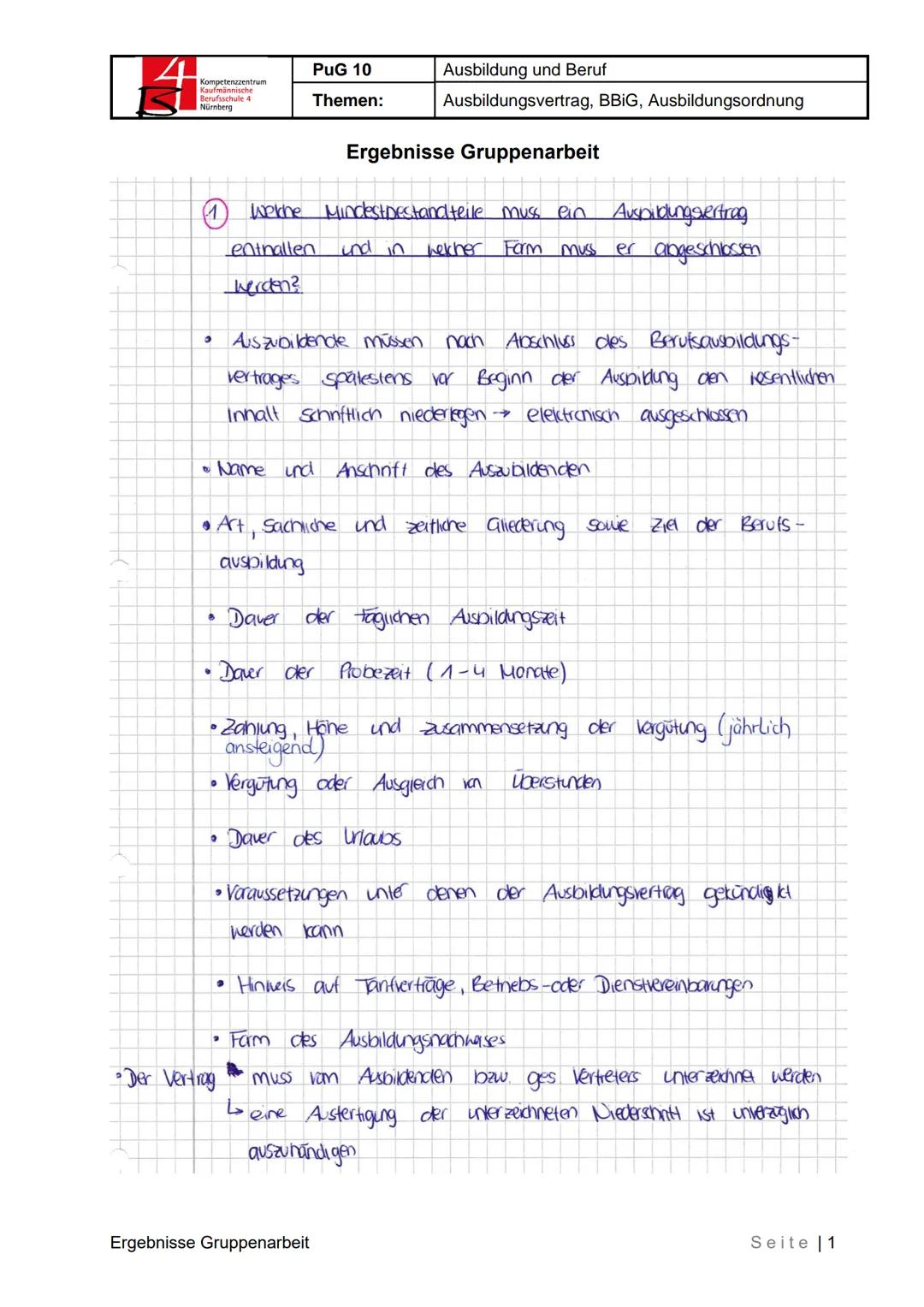Kaufm
Berufsschule 4
Nürnberg
PUG 10
Ausbildung und Beruf
Themen:
Ausbildungsvertrag, BBIG, Ausbildungsordnung
Ergebnisse Gruppenarbeit
1 We