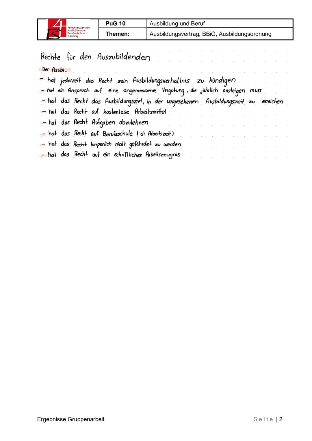 Kaufm
Berufsschule 4
Nürnberg
PUG 10
Ausbildung und Beruf
Themen:
Ausbildungsvertrag, BBIG, Ausbildungsordnung
Ergebnisse Gruppenarbeit
1 We
