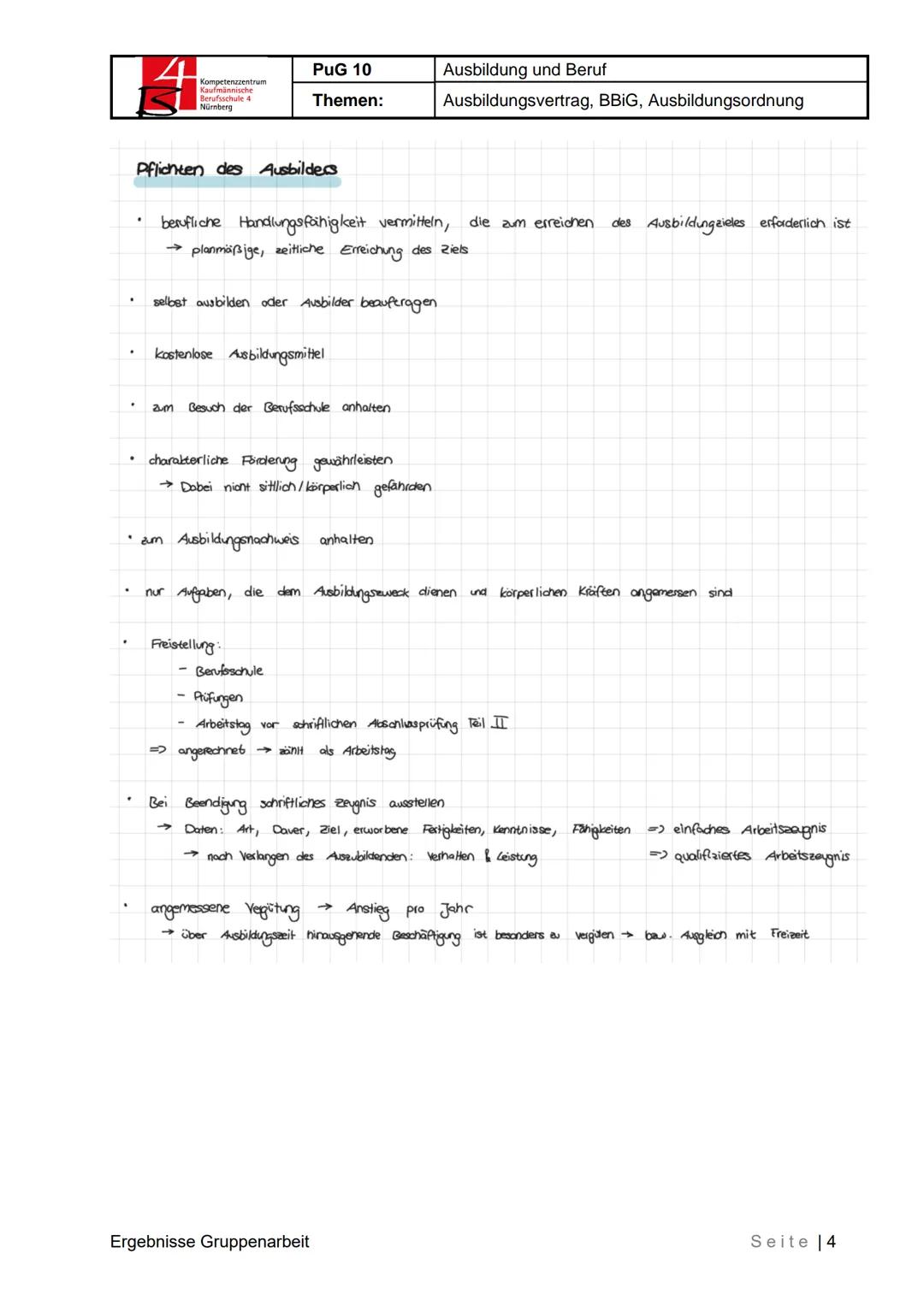 Kaufm
Berufsschule 4
Nürnberg
PUG 10
Ausbildung und Beruf
Themen:
Ausbildungsvertrag, BBIG, Ausbildungsordnung
Ergebnisse Gruppenarbeit
1 We