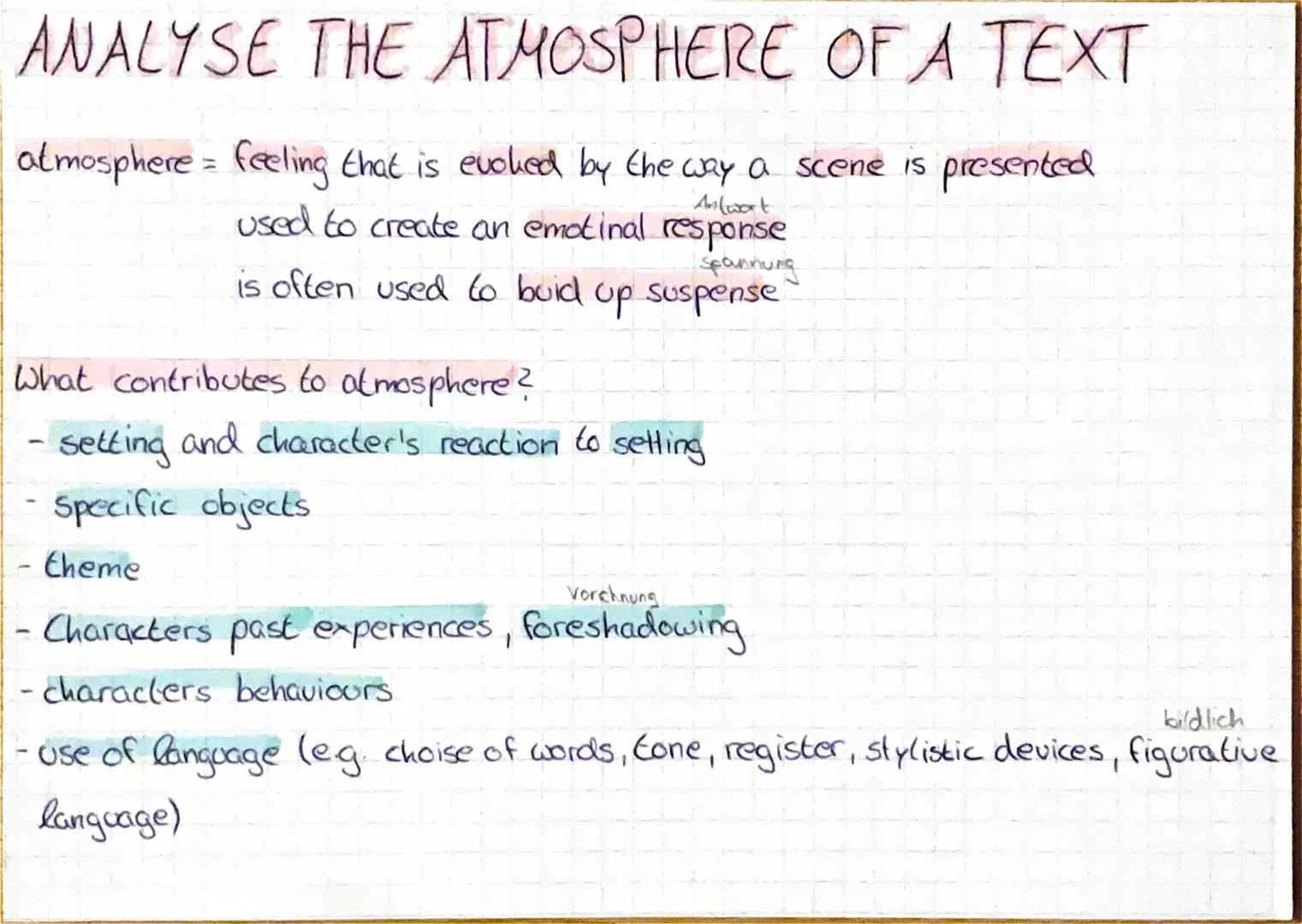 # ANALYSE THE ATMOSPHERE OF A TEXT
atmosphere = feeling that is evoked by the way a scene is presented
used to create an emotinal $\unders