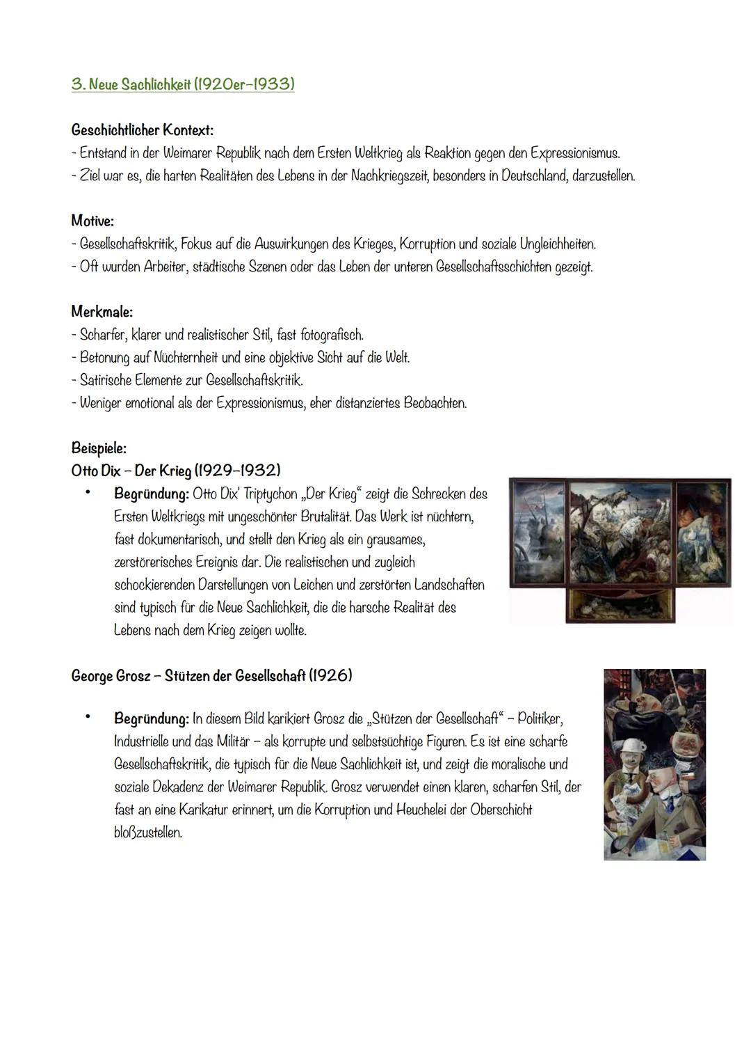 # Kunst Lernzettel
1. Expressionismus (1905-1920er)
Geschichtlicher Kontext:
- Entstand zu Beginn des 20. Jahrhunderts in Deutschland, vor