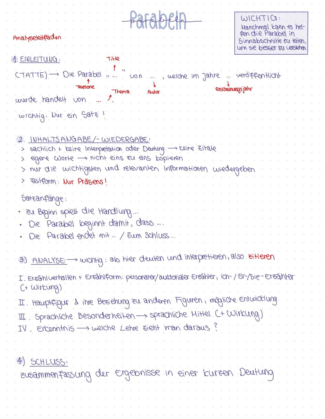 Analyseleitfaden
# Parabein
1. EINLEITUNG:
CTATTE) Die Parabel
Title
↑
"von ..., welche im Jahre ... veröffentlicht
↑
Textsorte
↓
Thema