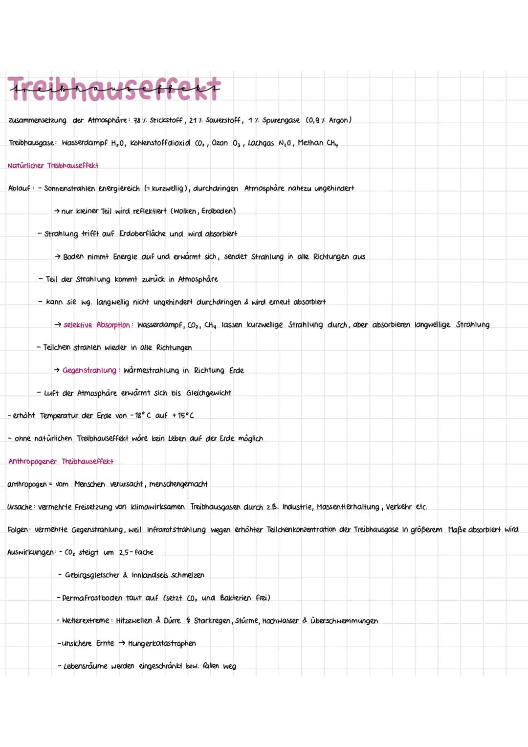 Treibhauseffekt
zusammensetzung der Atmosphäre: 78% Stickstoff, 21% Sauerstoff, 1% Spurengase (0,9% Argon)
Treibhausgase: Wasserdampf H₂O, K