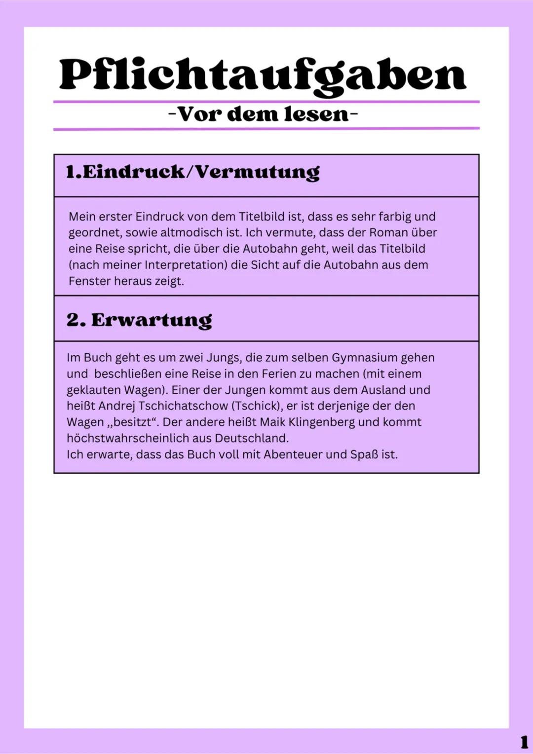 ...
Lesetagebuch
Tschick
von Sara Inhaltsverzeichnis
1.Einführung
Vor dem lesen
Eindrücke/ Vermutungen
Erwartungen
2. Inhalt
Während dem les