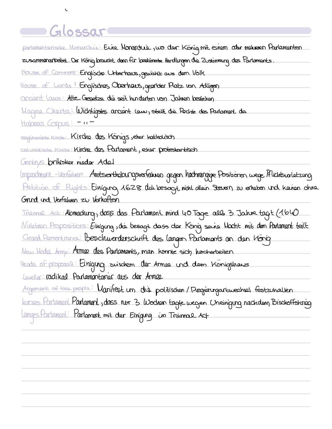 Englische Revolution
(bis 1649)
Ursachen:
* in England gab es keine absolute Monarchie sondern eira parlamentarische Monarchie
* die par