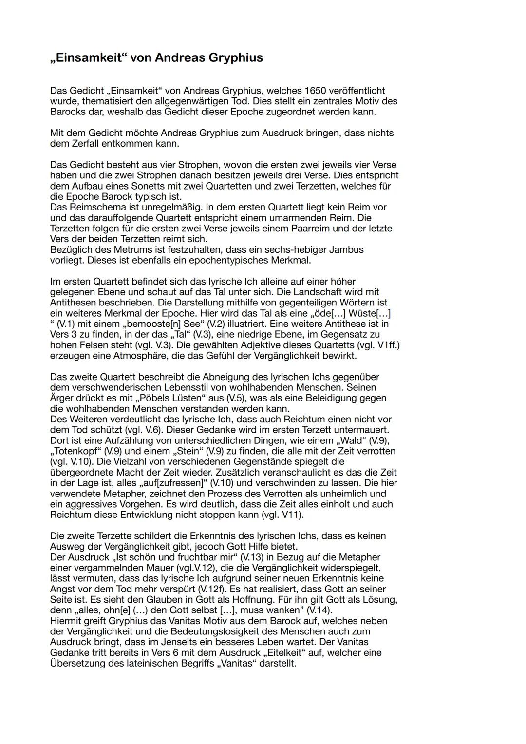 ,,Einsamkeit" von Andreas Gryphius
Das Gedicht,,Einsamkeit“ von Andreas Gryphius, welches 1650 veröffentlicht
wurde, thematisiert den allgeg