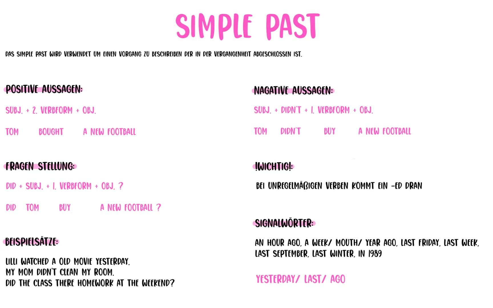 SIMPLE PAST
DAS SIMPLE PAST WIRD VERWENDET UM EINEN VORGANG ZU BESCHREIBEN DER IN DER VERGANGENHEIT ABGESCHLOSSEN IST.
POSITIVE AUSSAGEN:
SU