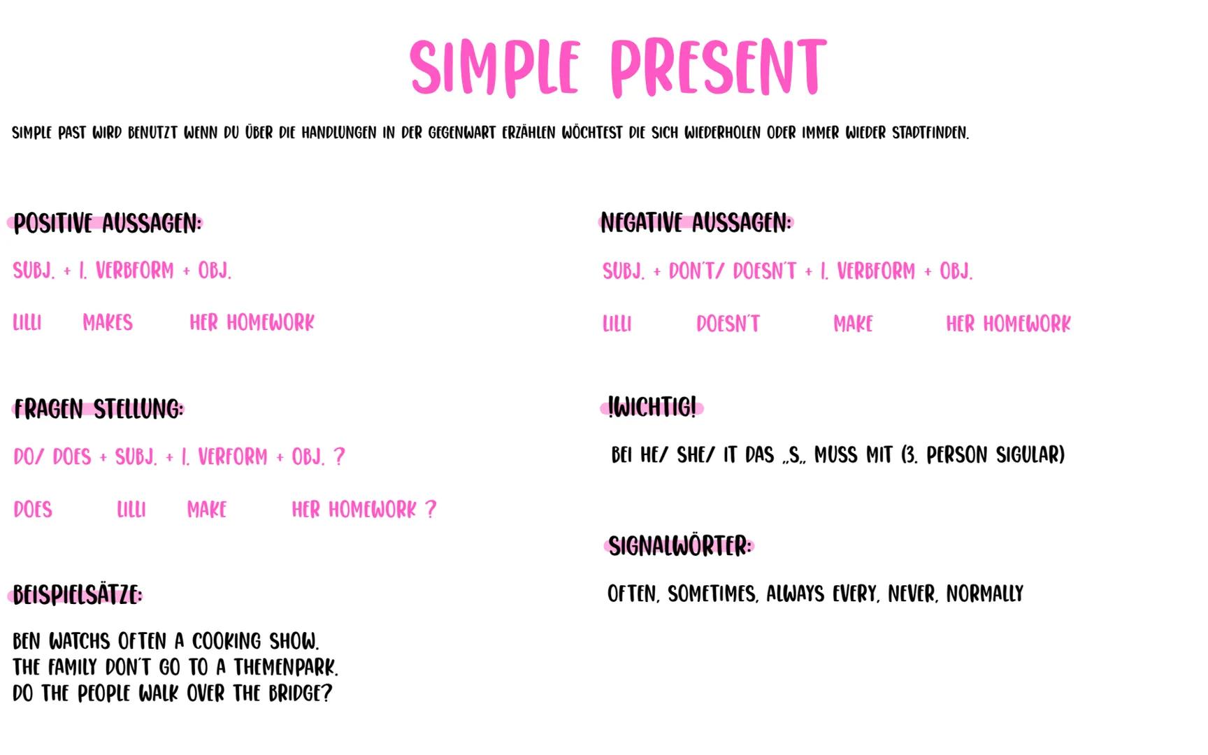 SIMPLE PAST
DAS SIMPLE PAST WIRD VERWENDET UM EINEN VORGANG ZU BESCHREIBEN DER IN DER VERGANGENHEIT ABGESCHLOSSEN IST.
POSITIVE AUSSAGEN:
SU
