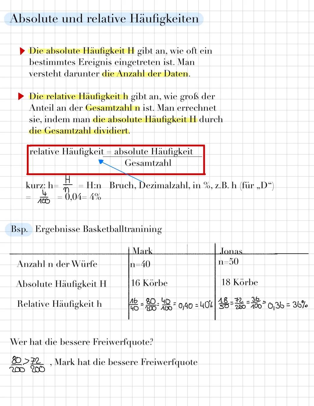 # Absolute und relative Häufigkeiten
Die absolute Häufigkeit H gibt an, wie oft ein
bestimmtes Ereignis eingetreten ist. Man
versteht darun