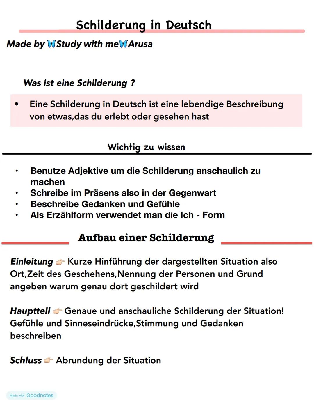 # Schilderung in Deutsch
Made by Study with mewArusa
Was ist eine Schilderung?
• Eine Schilderung in Deutsch ist eine lebendige Beschreib