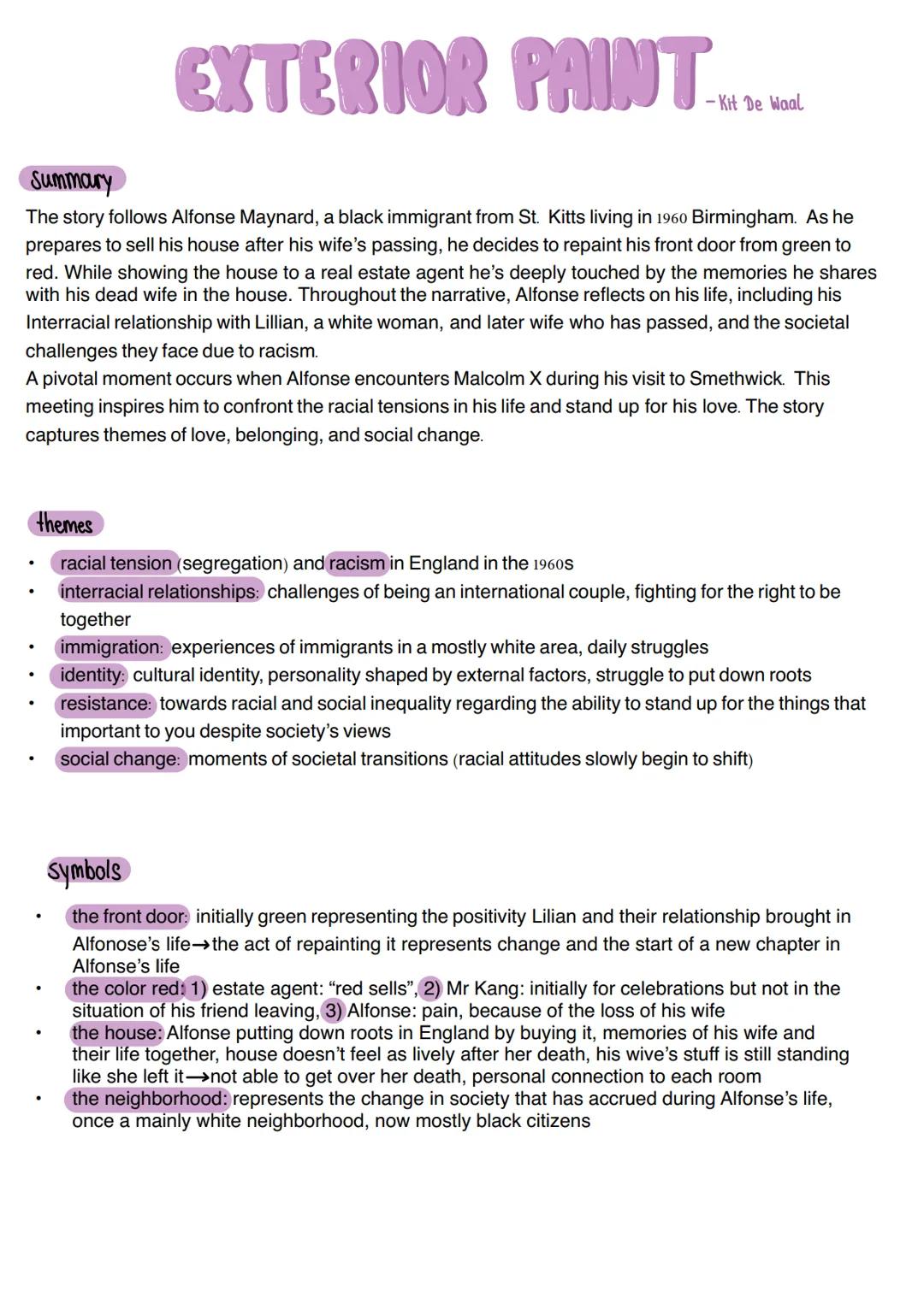 EXTERIOR PAINT
-Kit De Waal
Summary
The story follows Alfonse Maynard, a black immigrant from St. Kitts living in 1960 Birmingham. As he
pre