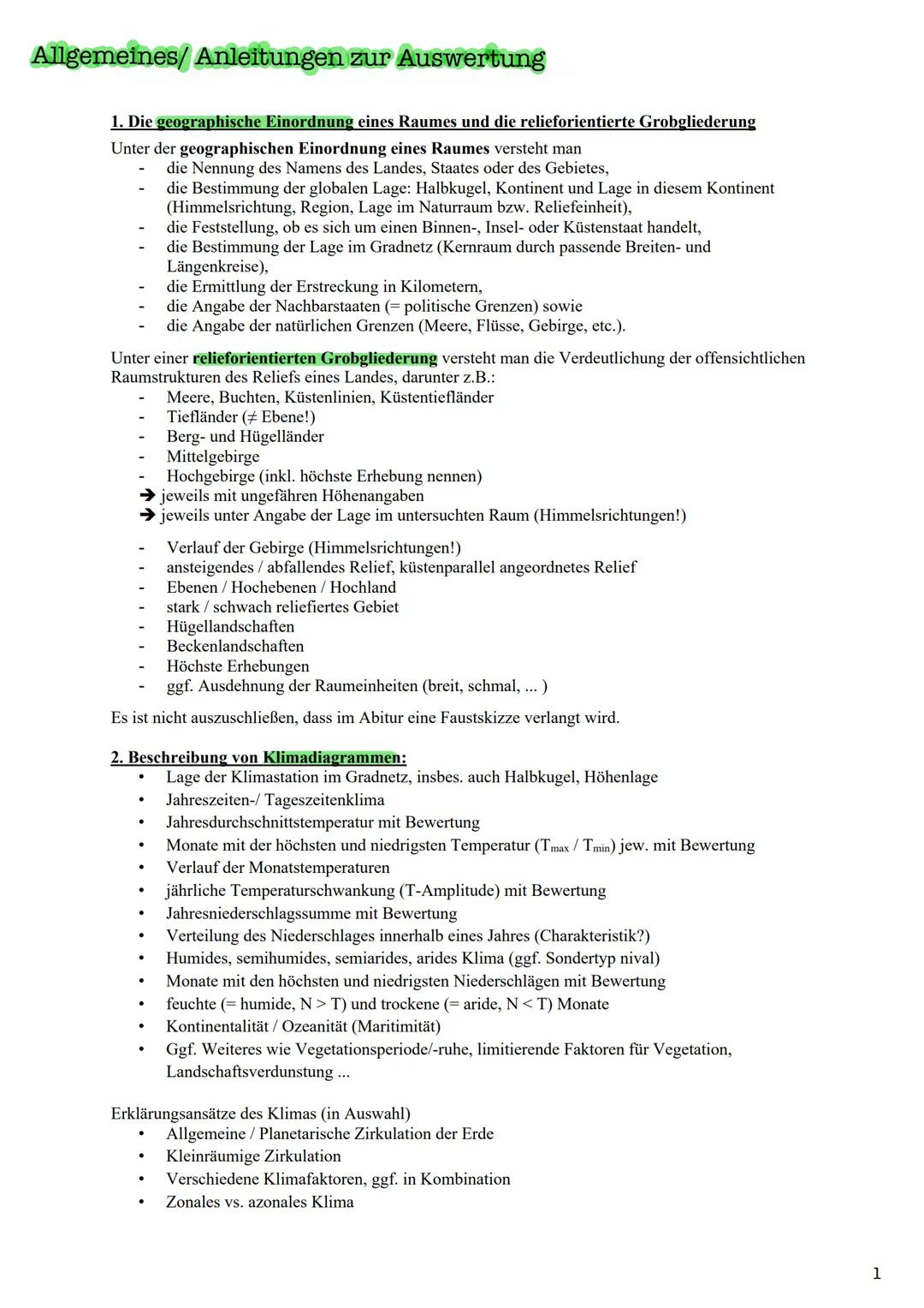 # Allgemeines/Anleitungen zur Auswertung
1. Die geographische Einordnung eines Raumes und die relieforientierte Grobgliederung
Unter der