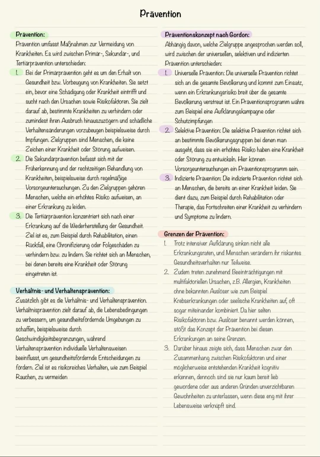 Prävention:
Prävention umfasst Maßnahmen zur Vermeidung von
Krankheiten. Es wird zwischen Primär-, Sekundär-, und
Tertiärprävention untersch