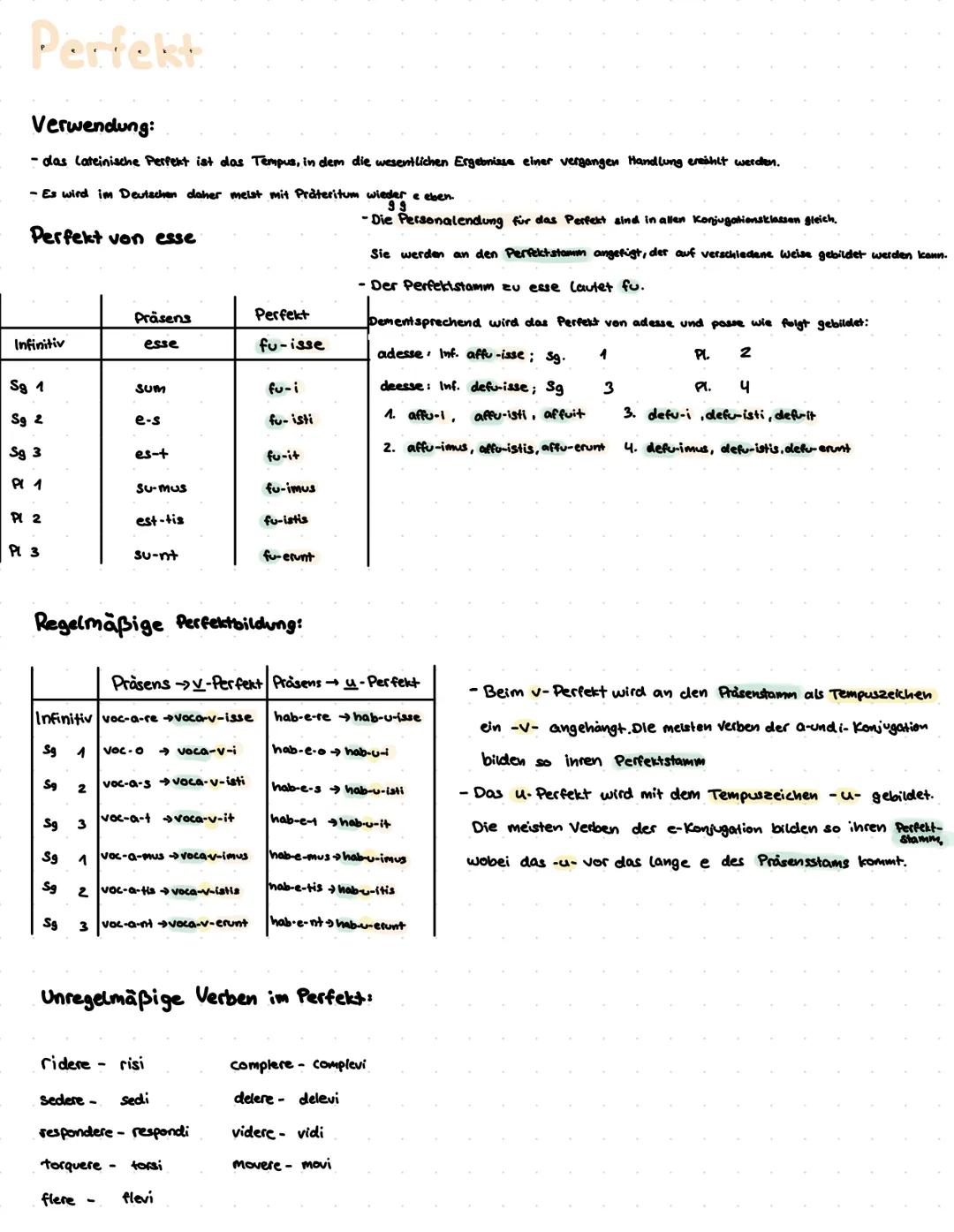 Perfekt
Verwendung:
- das lateinische Perfekt ist das Tempus, in dem die wesentlichen Ergebnisse einer vergangen Handlung erzählt werden.
-