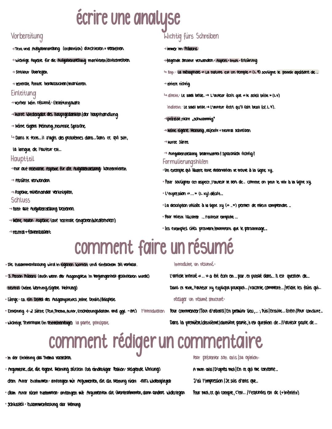 Vorbereitung
écrire une analyse
→Text und Aufgabenstellung (ordentlich) durchlesen + verstehen
+ wichtige Aspekte für die Aufgabenstellung m