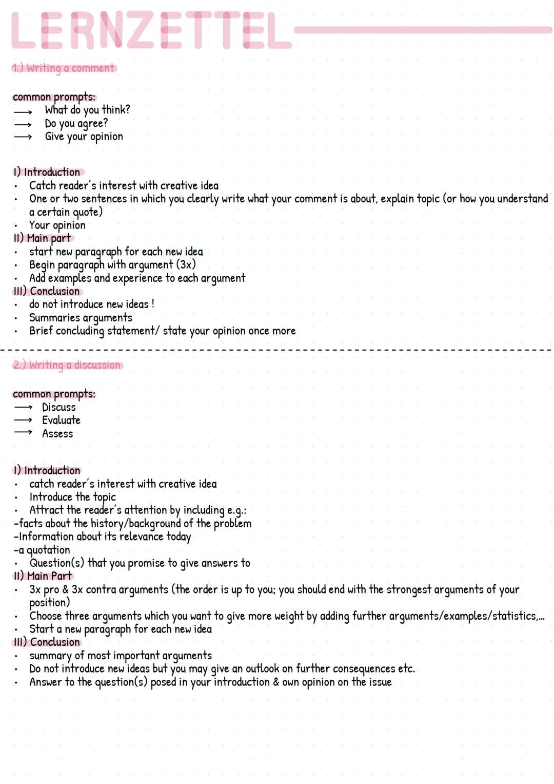 LERNZETTEL
1.) Writing a comment
common prompts:
- What do you think?
- Do you agree?
- Give your opinion
1) Introduction
- Catch reader'