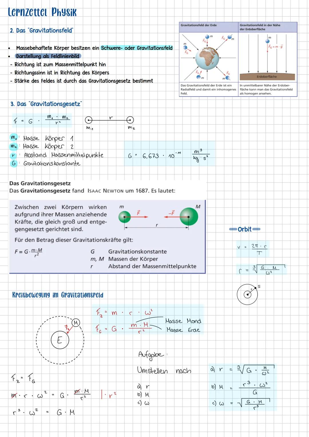 Lernzettel Physik
2. Das "Gravitationsfeld"
Massebehaftete Körper besitzen ein Schwere- oder Gravitationsfeld
Darstellung als Feldlinienbild