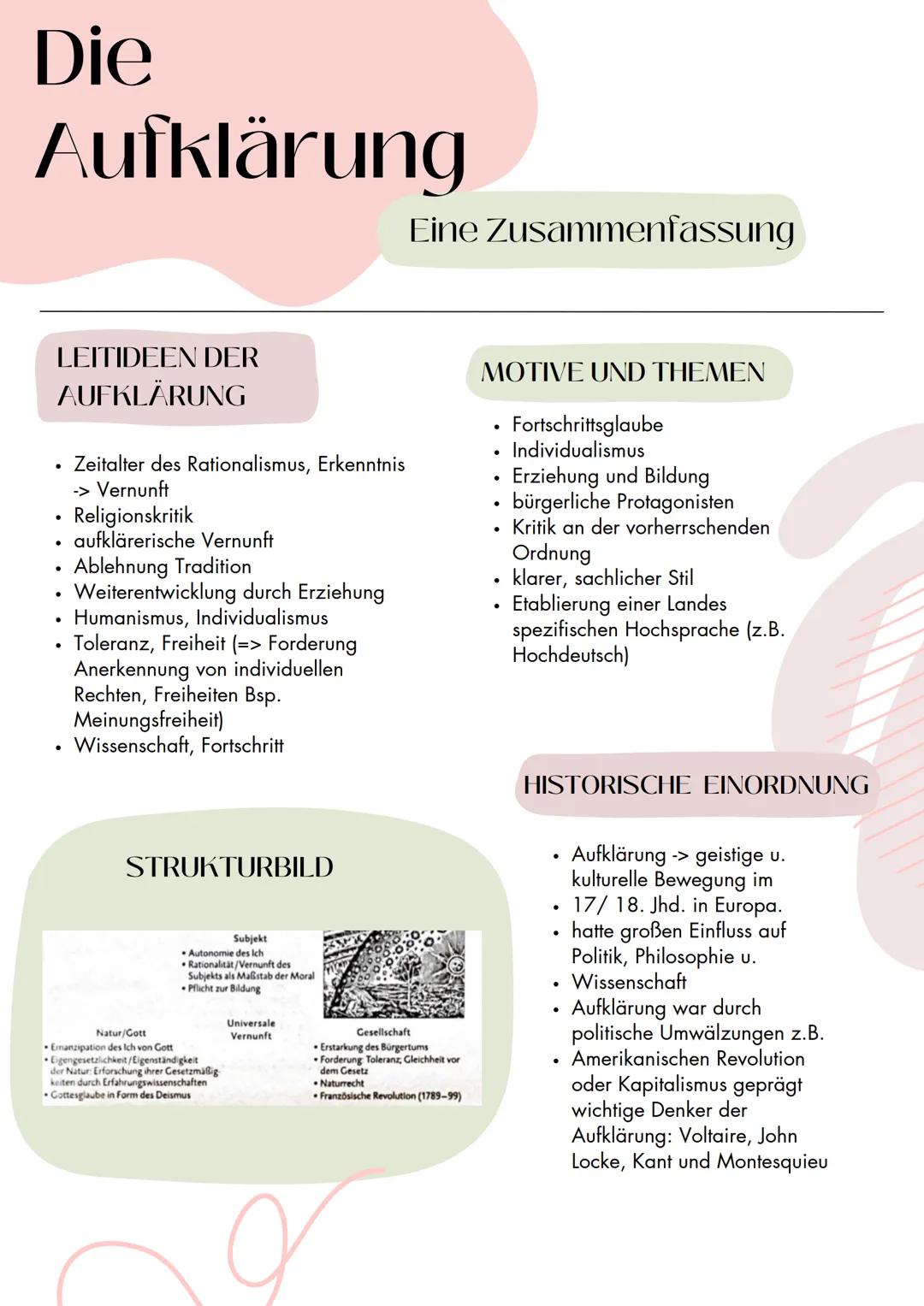 Die
Aufklärung
Eine Zusammenfassung
.
•
•
•
LEITIDEEN DER
AUFKLÄRUNG
Zeitalter des Rationalismus, Erkenntnis
-> Vernunft
Religionskritik
auf