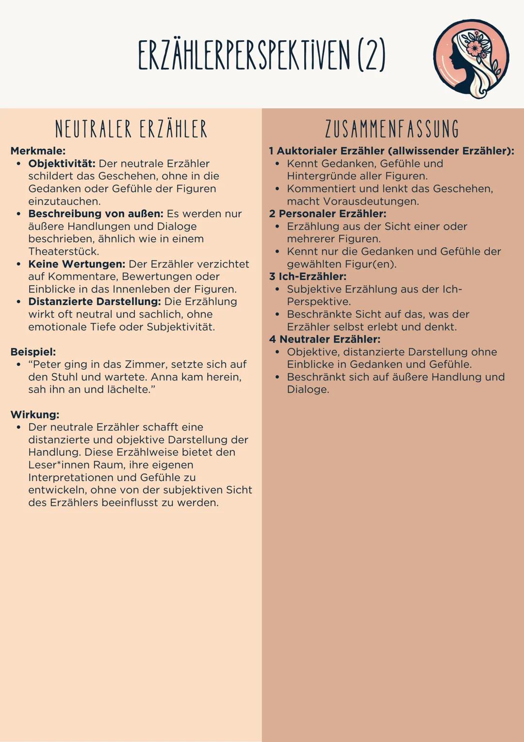 # ERZÄHLERPERSPEKTİVEN (1)
## AUKTORIALER ERZÄHLER
Merkmale:
- Allwissend: Der Erzähler kennt die
Gedanken, Gefühle und Hintergründe.
- K