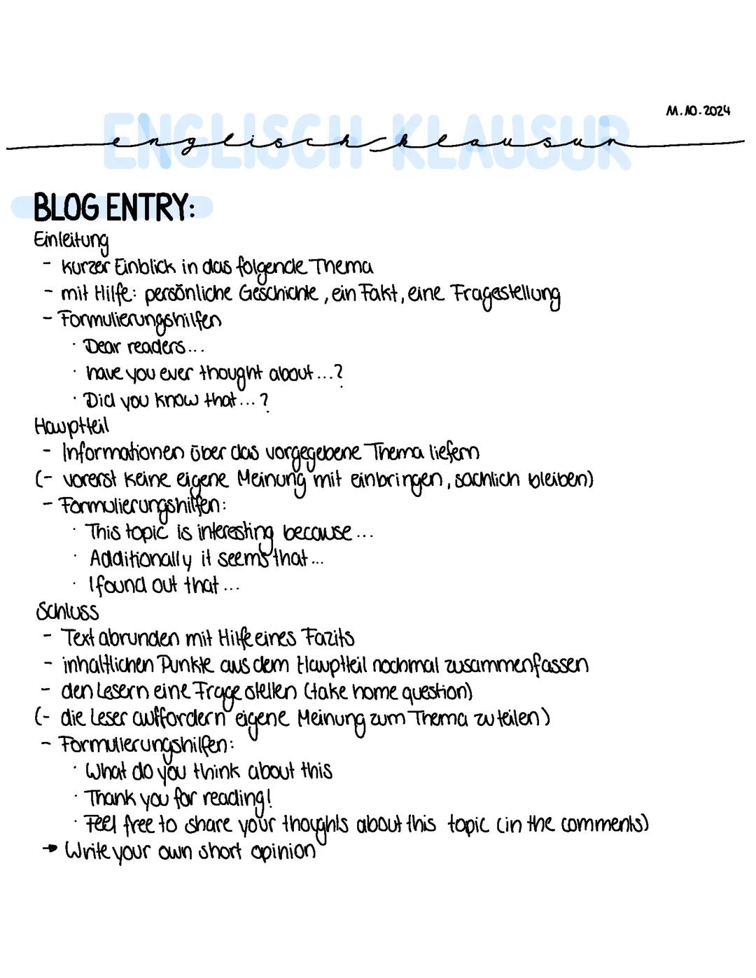 Blog Entry Englisch Aufbau