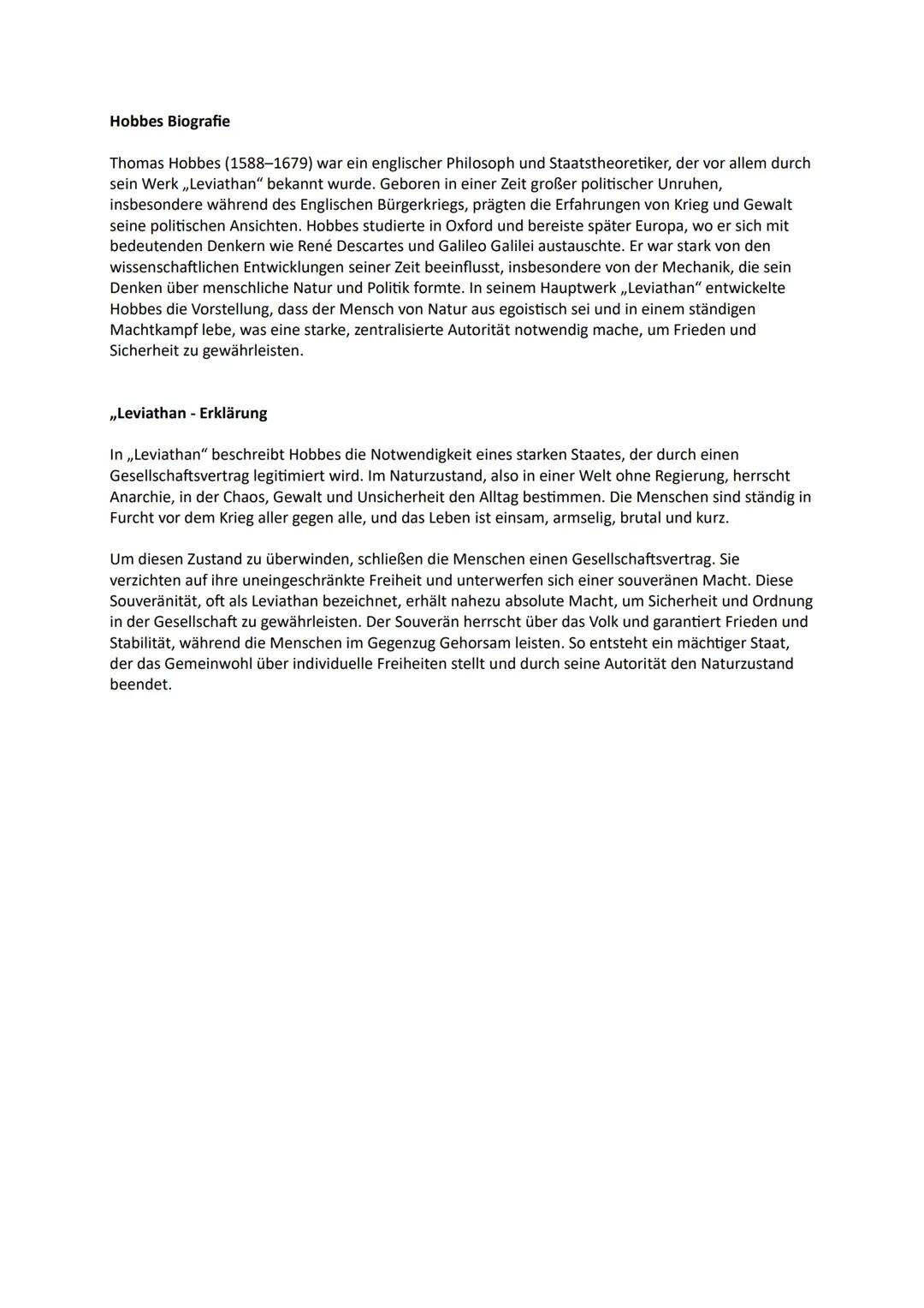 Volk
,,Leviathan" - Staatsvorstellung nach Hobbes
Naturzustand
,,Krieg aller gegen
Alle/Anarchie"
Ohne Regierung herrschen
Chaos, Unsicherhe