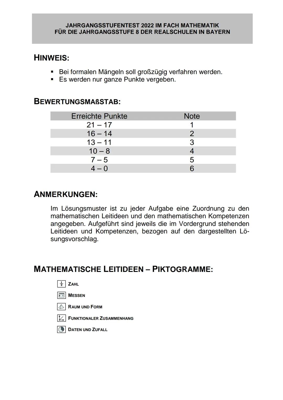 JAHRGANGSSTUFENTEST 2022 IM FACH MATHEMATIK
FÜR DIE JAHRGANGSSTUFE 8 DER REALSCHULEN IN BAYERN
HINWEIS:
■
■
Bei formalen Mängeln soll großzü