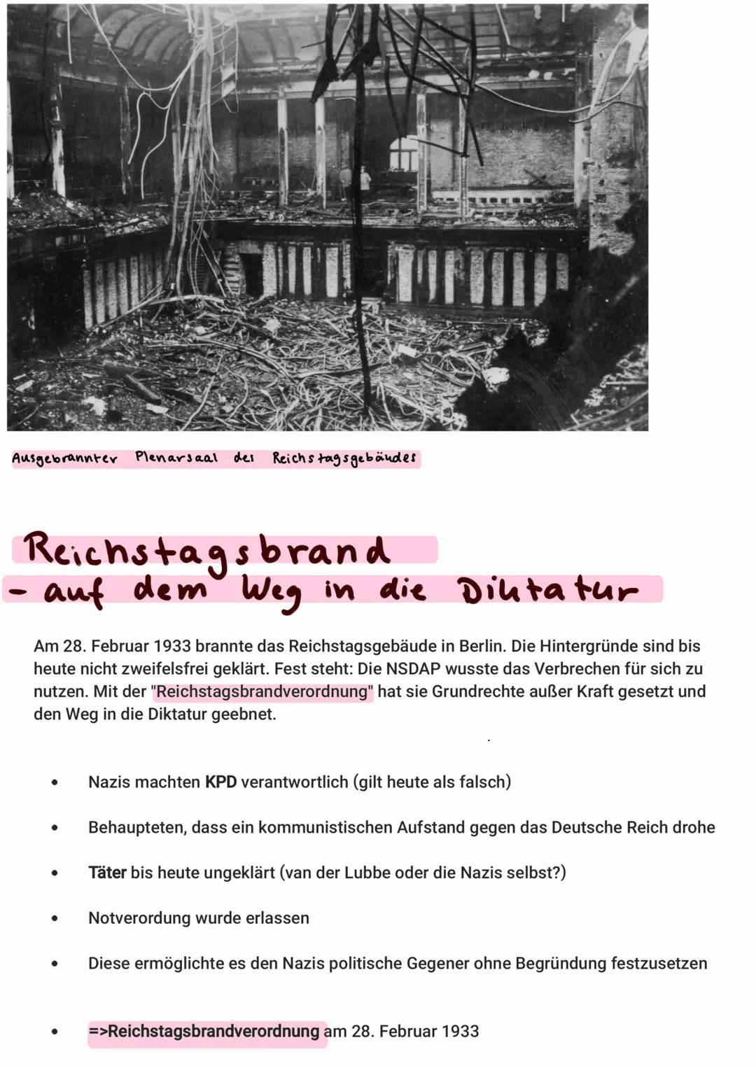 Ausgebrannter Plenarsaal des Reichstagsgebäudes
# Reichstagsbrand
- auf dem Weg in die Diktatur
Am 28. Februar 1933 brannte das Reichstags