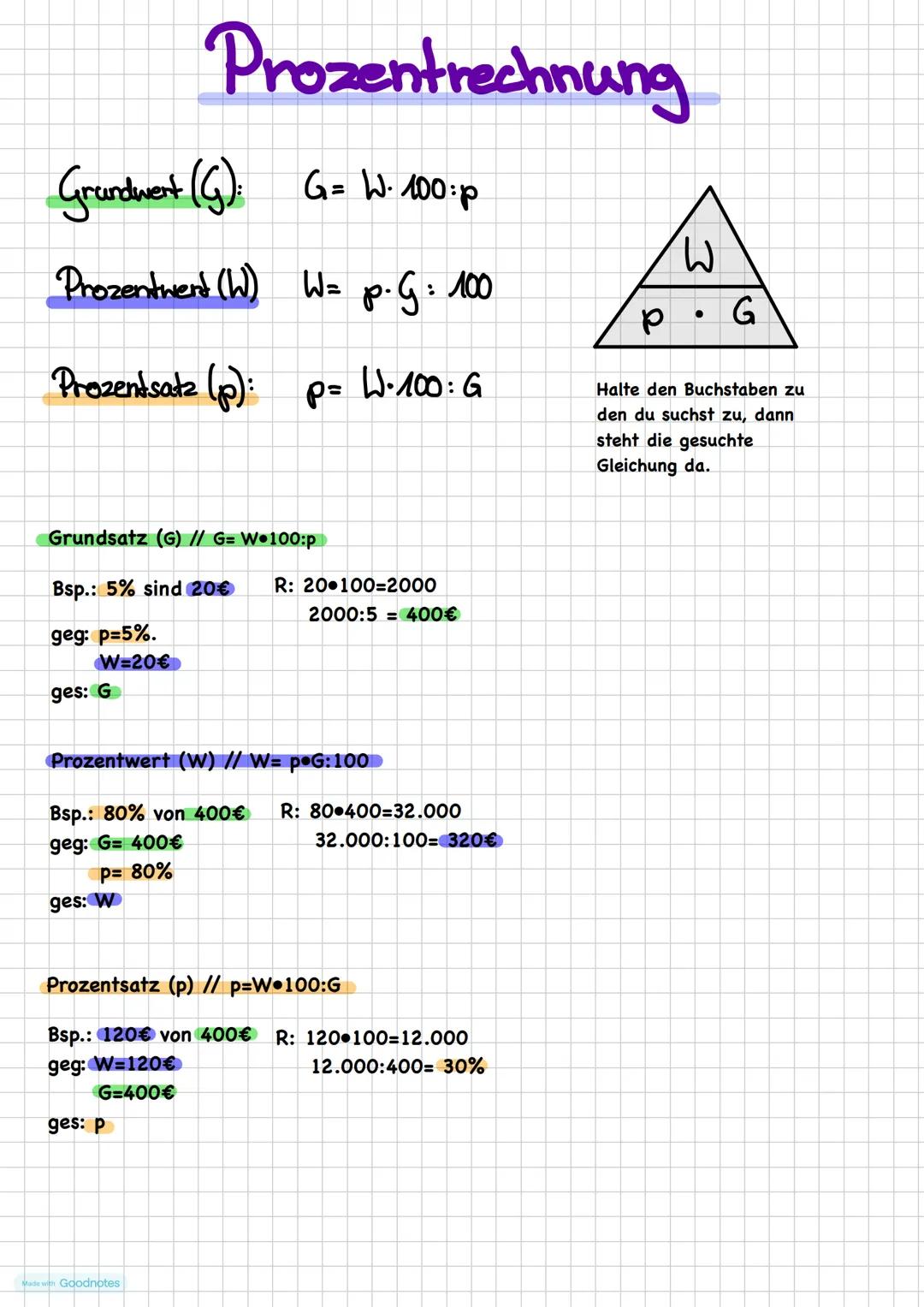Prozentrechnung
Grundwent (G): G = W. 100:
Prozentwert (W) W= p. G: 100
Prozentsatz (p): p= W. 100: G
р
3
•
G
Halte den Buchstaben zu
den du