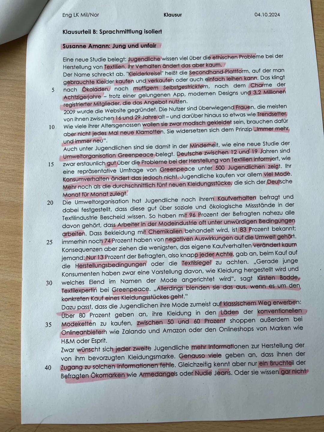Eng LK Mil/Nor
Klausur
04.10.2024
Name:
Klausur Englisch
Aufgabenstellung:
Klausurteil A: Leseverstehen und Schreiben integriert
1. Explain