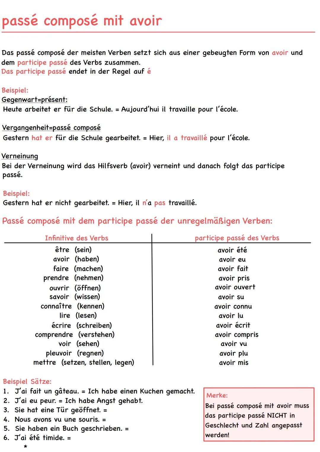 # passé composé mit avoir
Das passé composé der meisten Verben setzt sich aus einer gebeugten Form von avoir und
dem participe passé des Ve